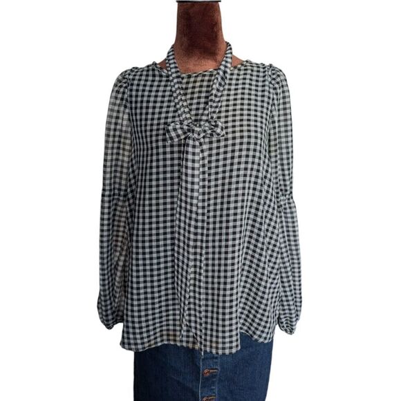 Max Studio chiffon gingham peasant blouse with removable tie belt size S - Picture 11 of 16